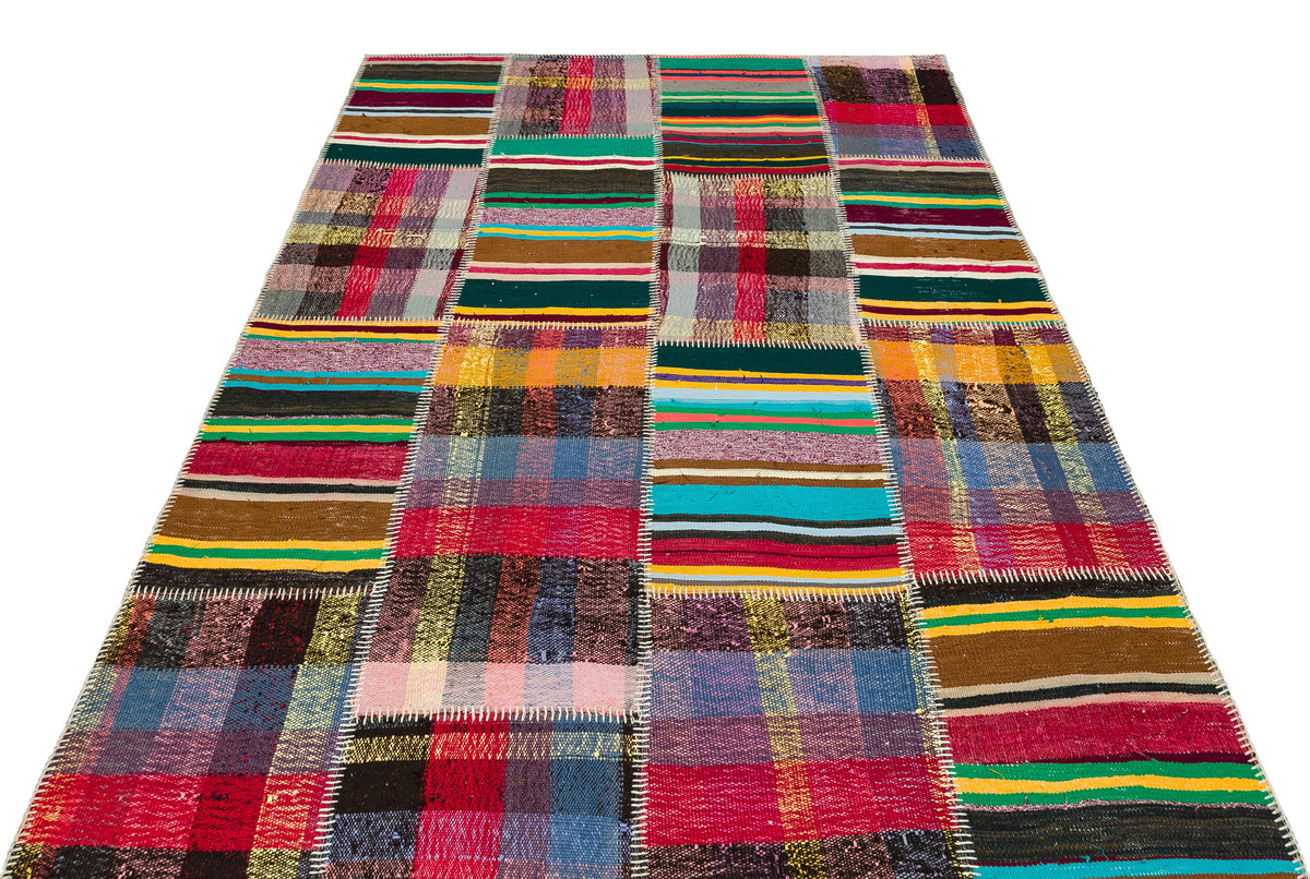 Striped Over Dyed Kilim Patchwork Unique Rug 5&#39;2&#39;&#39; x 7&#39;2&#39;&#39; ft 157 x 219 cm