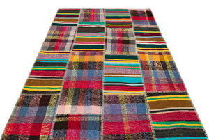 Striped Over Dyed Kilim Patchwork Unique Rug 5'2'' x 7'2'' ft 157 x 219 cm