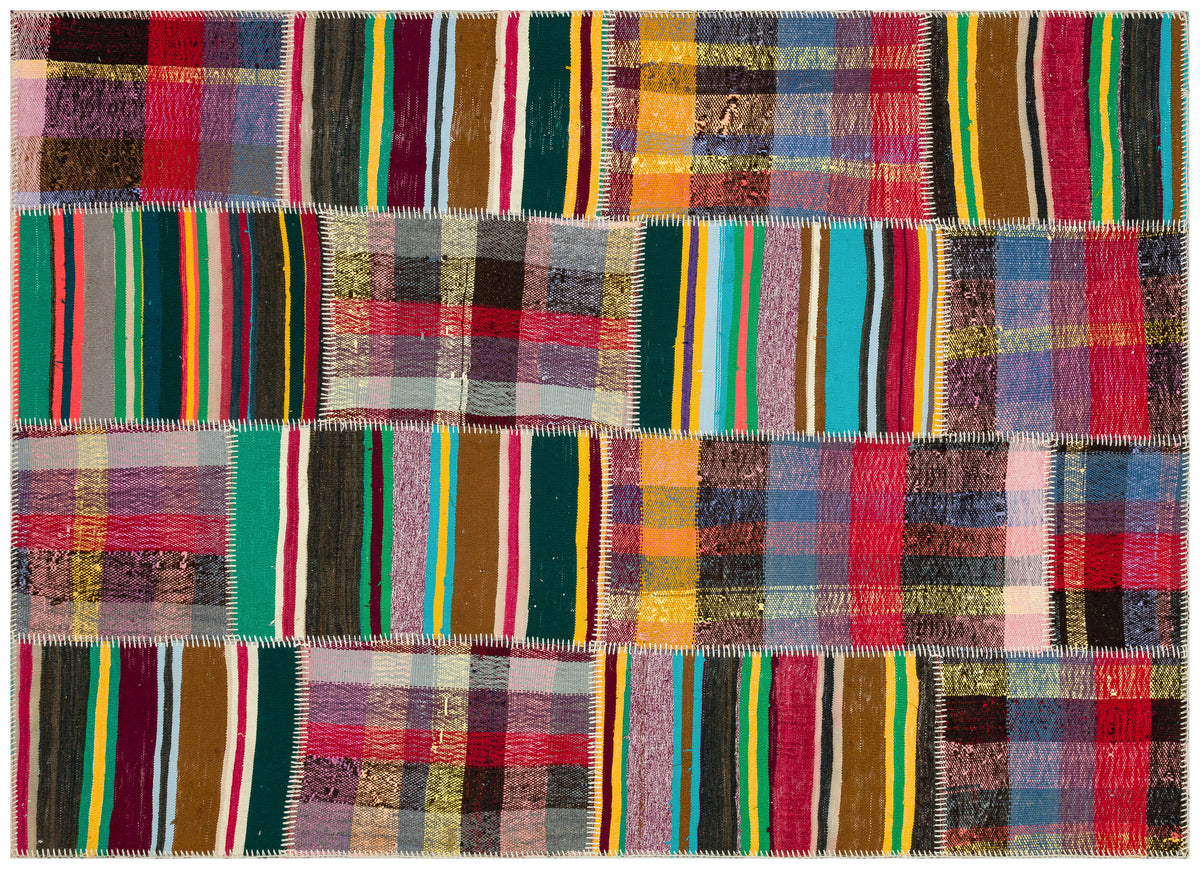 Striped Over Dyed Kilim Patchwork Unique Rug 5&#39;2&#39;&#39; x 7&#39;2&#39;&#39; ft 157 x 219 cm