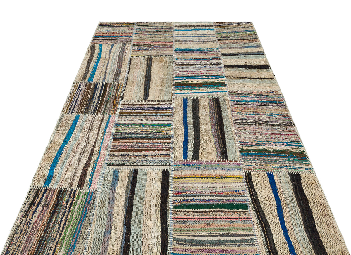 Striped Over Dyed Kilim Patchwork Unique Rug 4&#39;11&#39;&#39; x 7&#39;7&#39;&#39; ft 151 x 231 cm