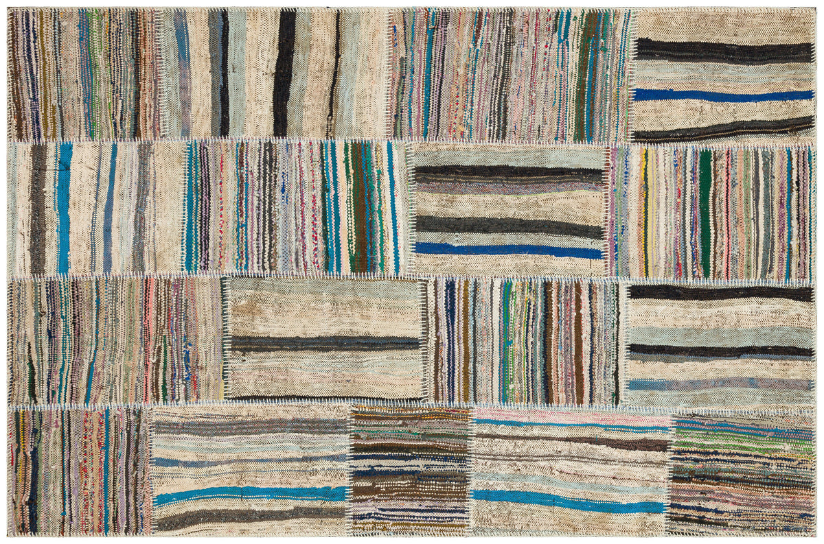 Striped Over Dyed Kilim Patchwork Unique Rug 4&#39;11&#39;&#39; x 7&#39;7&#39;&#39; ft 151 x 231 cm