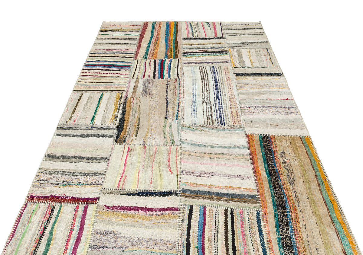 Striped Over Dyed Rug | Kilim Patchwork | Turkish Rug | Hand Weaving Rug  | Bedroom Rug | Wool Rug | Vintage Rug | Tumbled Rug  | Naturel Rug | Boho Rug I Colored Rug I 5&#39;2&#39;&#39; x 7&#39;7&#39;&#39; ft 157 x 232 cm