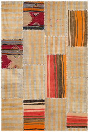 Striped Over Dyed Kilim Patchwork Unique Rug 5'2'' x 7'8'' ft 157 x 234 cm