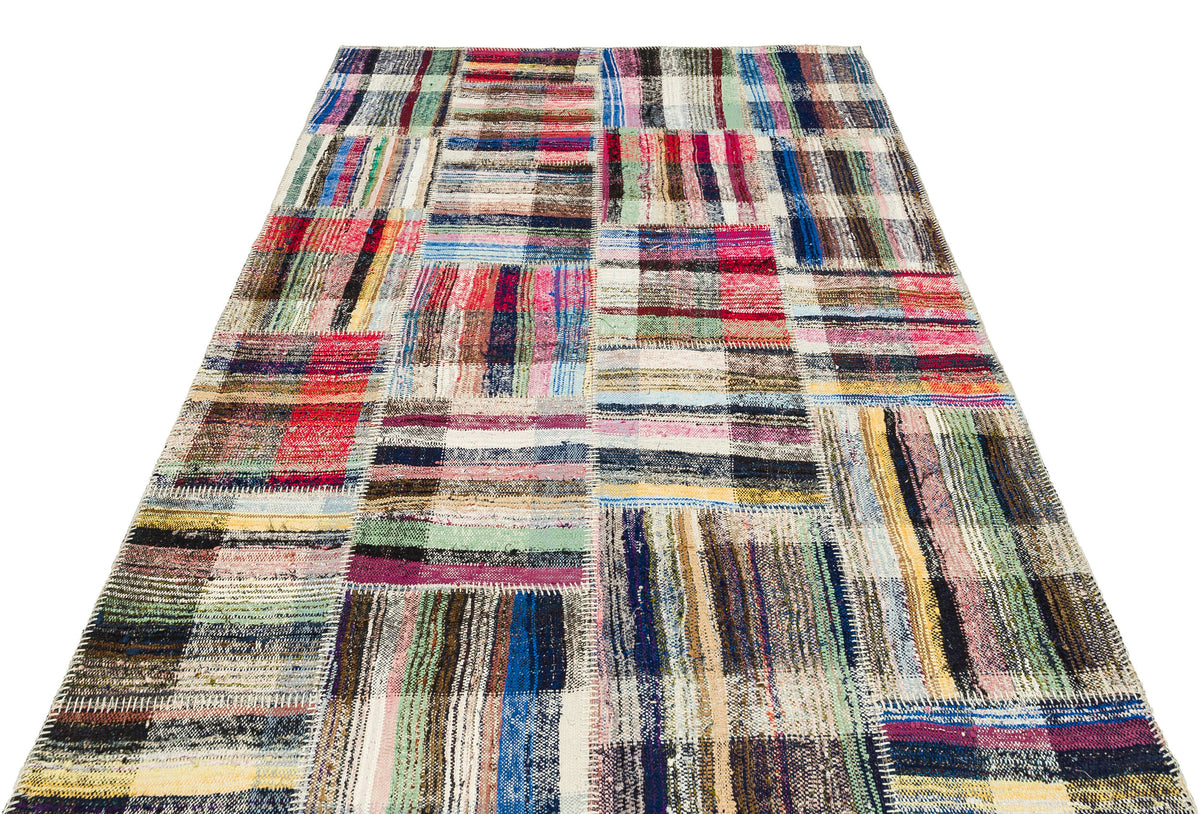 Striped Over Dyed Kilim Patchwork Unique Rug 5&#39;2&#39;&#39; x 7&#39;9&#39;&#39; ft 158 x 235 cm