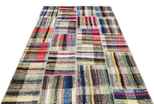 Striped Over Dyed Kilim Patchwork Unique Rug 5'2'' x 7'9'' ft 158 x 235 cm