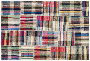 Striped Over Dyed Kilim Patchwork Unique Rug 5'2'' x 7'9'' ft 158 x 235 cm