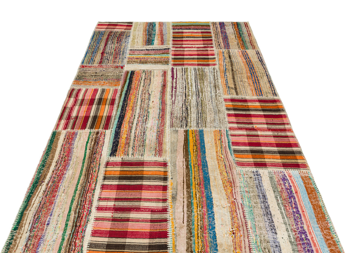 Striped Over Dyed Kilim Patchwork Unique Rug 4&#39;11&#39;&#39; x 7&#39;7&#39;&#39; ft 149 x 230 cm