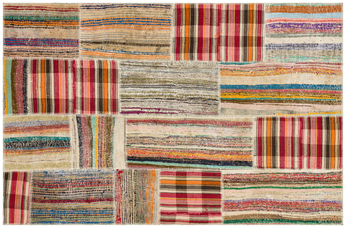 Striped Over Dyed Kilim Patchwork Unique Rug 4&#39;11&#39;&#39; x 7&#39;7&#39;&#39; ft 149 x 230 cm