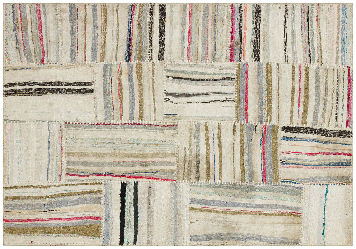 Striped Over Dyed Kilim Patchwork Unique Rug 4&#39;11&#39;&#39; x 7&#39;1&#39;&#39; ft 150 x 215 cm