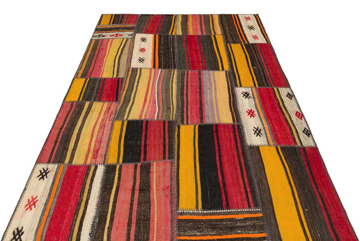 Striped Over Dyed Kilim Patchwork Unique Rug 5&#39;2&#39;&#39; x 7&#39;6&#39;&#39; ft 158 x 228 cm