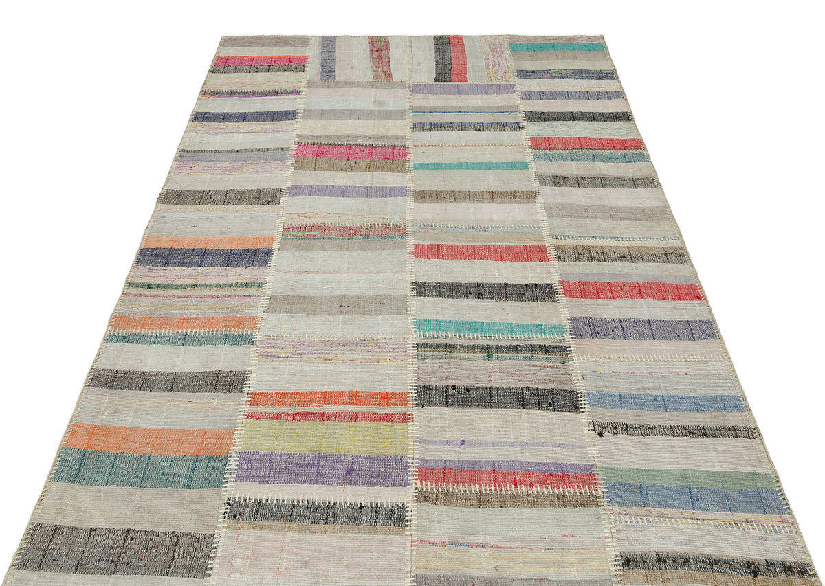 Striped Over Dyed Kilim Patchwork Unique Rug 4&#39;11&#39;&#39; x 7&#39;5&#39;&#39; ft 149 x 226 cm