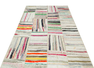 Striped Over Dyed Kilim Patchwork Unique Rug 5'0'' x 7'8'' ft 153 x 233 cm