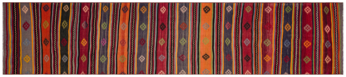 Striped Over Dyed Kilim Rug 2&#39;7&#39;&#39; x 11&#39;12&#39;&#39; ft 80 x 365 cm