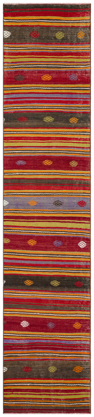 Striped Design Hand Knotted Kilim Runner 2'4'' x 10'11'' ft 72 x 334 cm