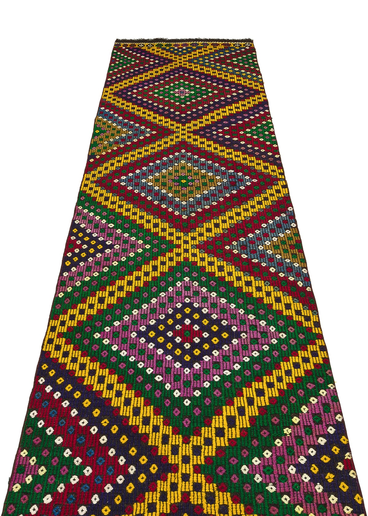 Geometric Design Colorful Hand Knotted Kilim Runner 2&#39;11&#39;&#39; x 11&#39;8&#39;&#39; ft 88 x 355 cm