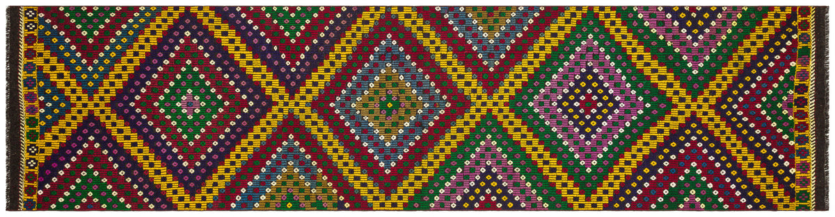 Geometric Design Colorful Hand Knotted Kilim Runner 2&#39;11&#39;&#39; x 11&#39;8&#39;&#39; ft 88 x 355 cm
