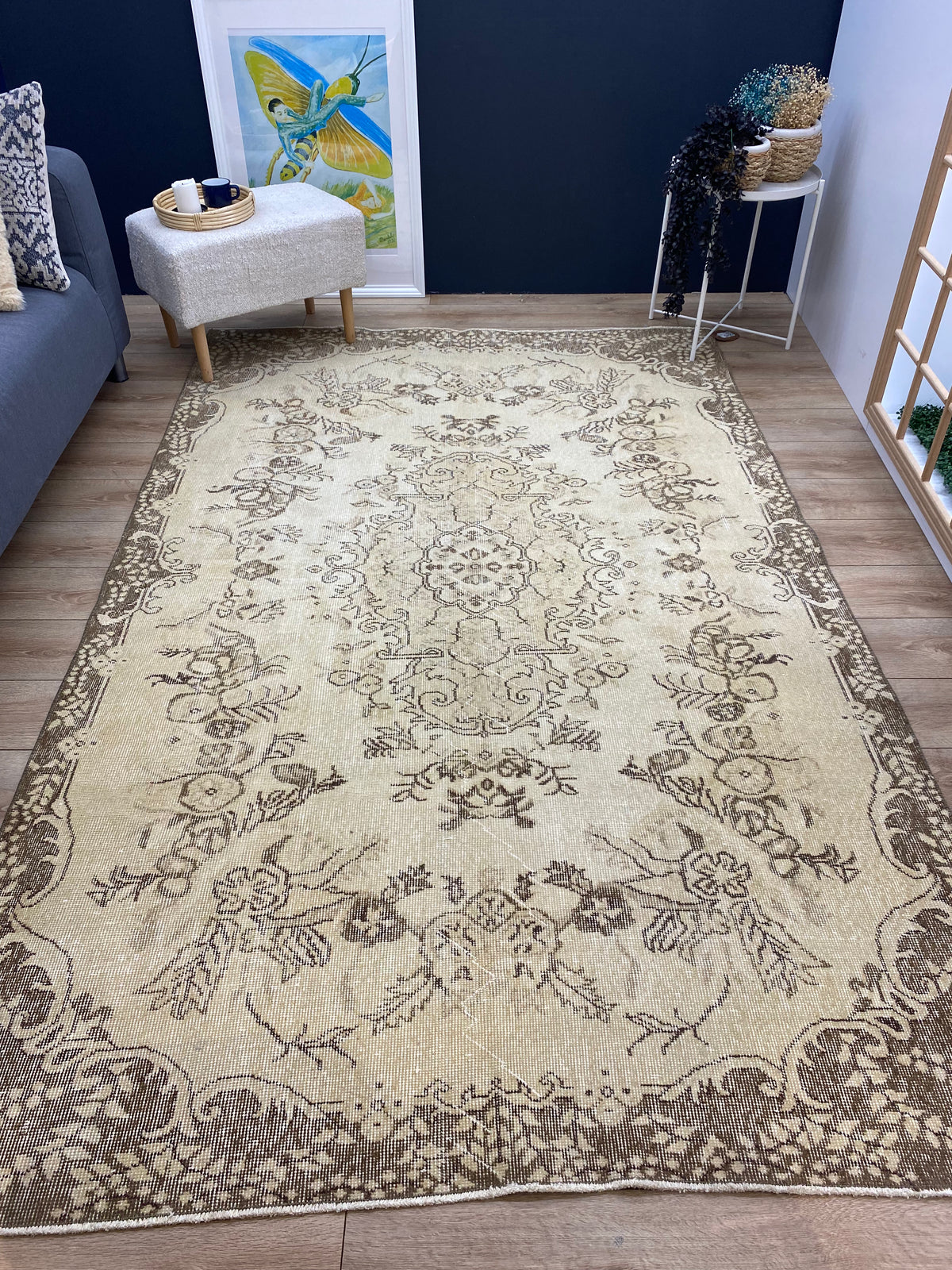 Traditional Design Beige Over Dyed Vintage Rug 5&#39;7&#39;&#39; x 8&#39;10&#39;&#39; ft 169 x 268 cm