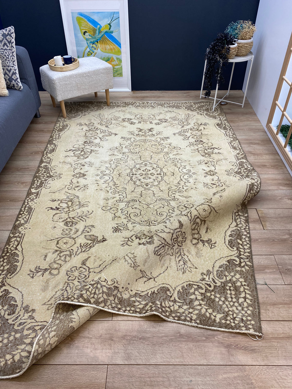 Traditional Design Beige Over Dyed Vintage Rug 5&#39;7&#39;&#39; x 8&#39;10&#39;&#39; ft 169 x 268 cm