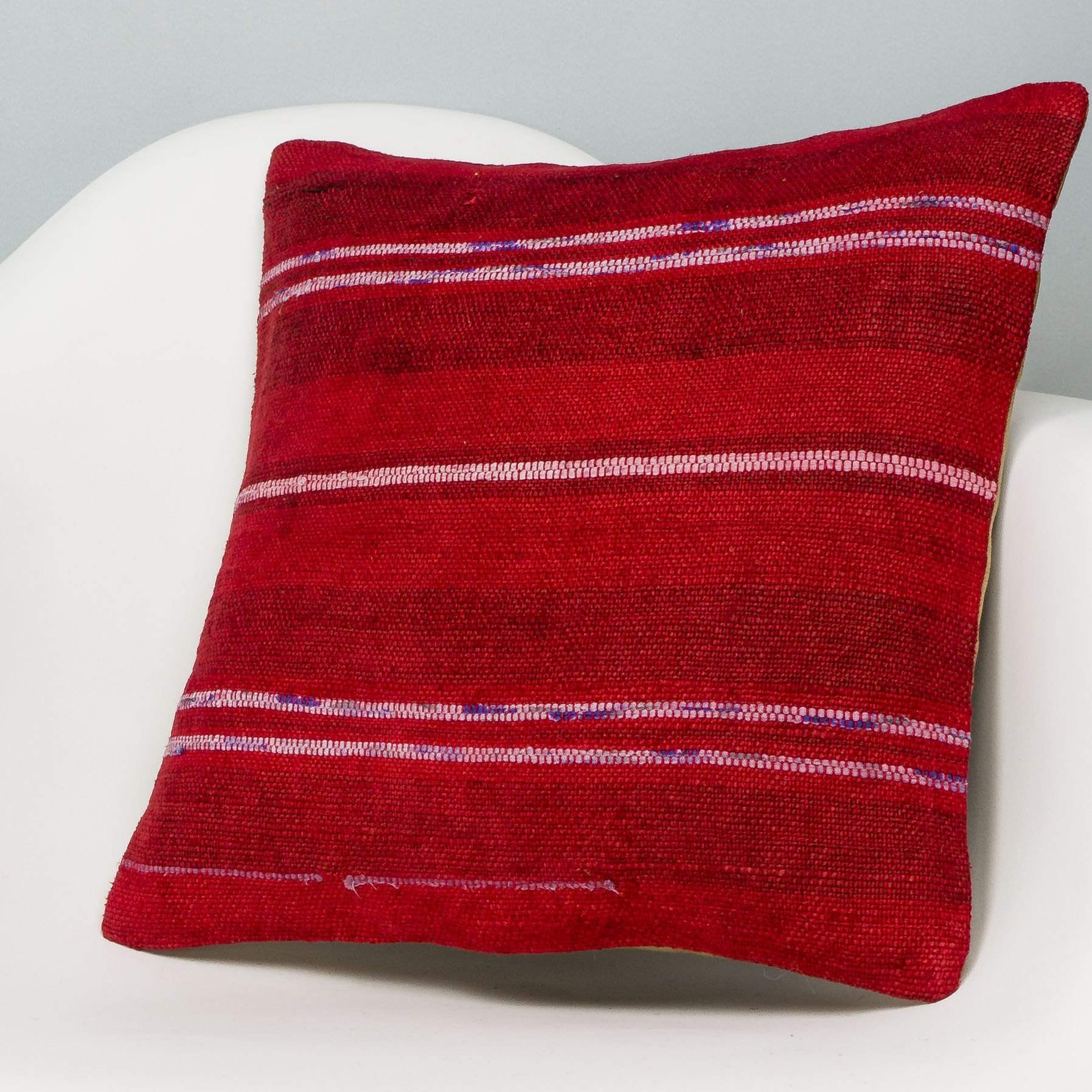 Striped Red Kilim Pillow Cover 16x16 2870 - kilimpillowstore
 - 2